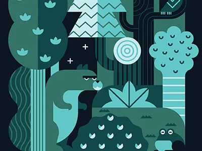 Midnight in the Woods bear branch forest frog grass leaves night owl pattern plants stars trees