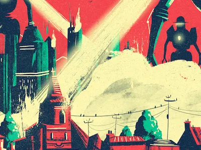 The Emergency Broadcast album armageddon art broadcast cover destruction emergency illustration invasion music robot score