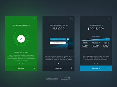 Pre-Qual Onboarding auto navigator capital one flat illustration infographic iphone mobile onboarding prototyping responsive ui ux