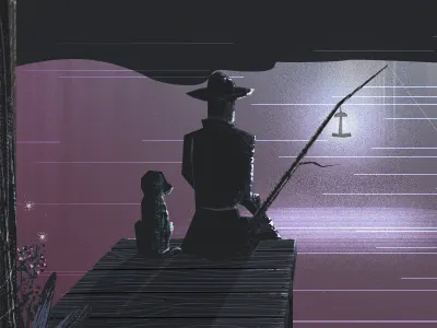 Moonlight Fishing dark fishing illustration lake landscape mountains purple silhouette texture train