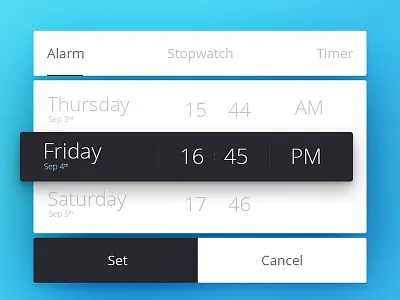 Day 068 - Date Picker Scroll alarm date flat picker scroll stopwatch tabs timer ui