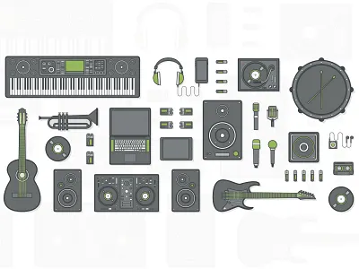 Bookya - Music Instrument Set artist bookya drum green grey guitar illustration instrument music singer vector
