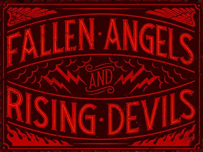 Rising Devils angel clouds devil flames illustration lettering lightning signage texture typography vintage wings