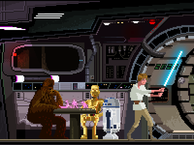 Millennium Falcon 8bit c3p0 chewbacca han solo luke skywalker obi wan pixel art pixelart r2d2