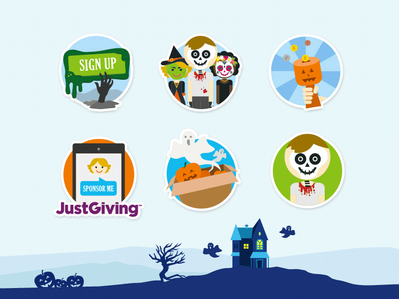 Dress Diabolical charity costumes ghosts giving halloween icons illustrations pumpkins sign up spooky ui ux
