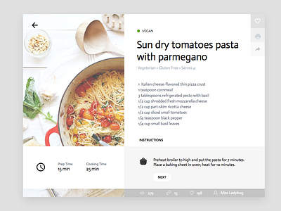 Day 005 Cooking Recipe Card A card clean food nutrition pasta recipe restaurant ui widget