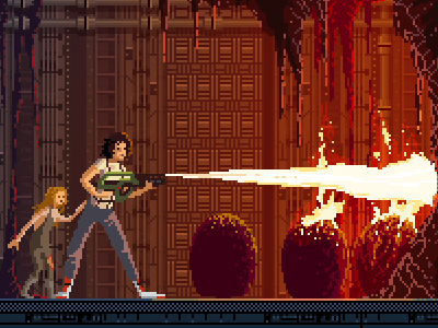 Aliensdribbble 8bit alien aliens flamethrower pixel art pixelart ripley