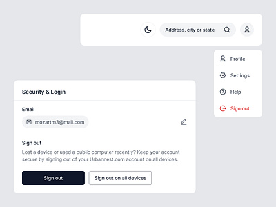 Profile dropdown & Security address dashboard design devices dropdown edit account help lightmode location login minimal popup product design profile saas save changes search security settings sign out