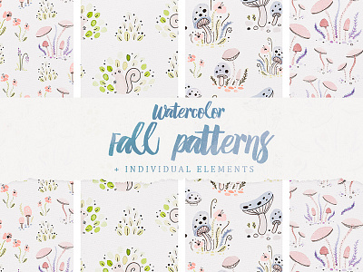 Watercolor Fall Patterns champignon cute fall hand drawn kid leaf mushroom pattern seamless seasonal squirrel watercolor