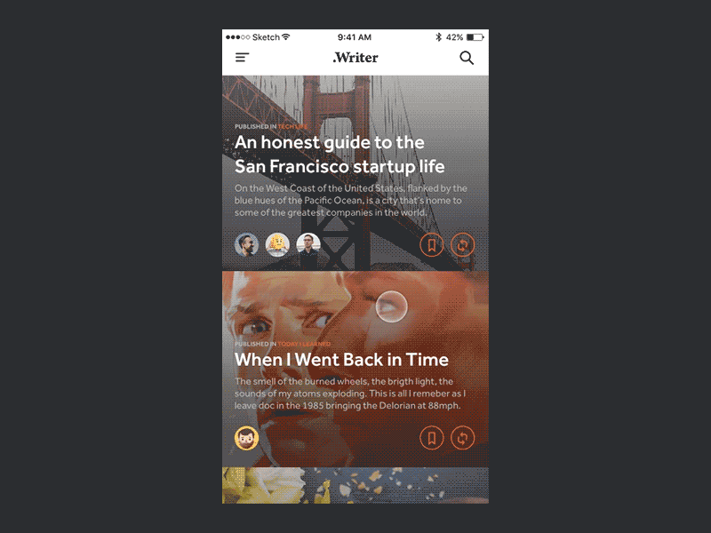 .Writer Article List animation app article blog interaction list principle prototype