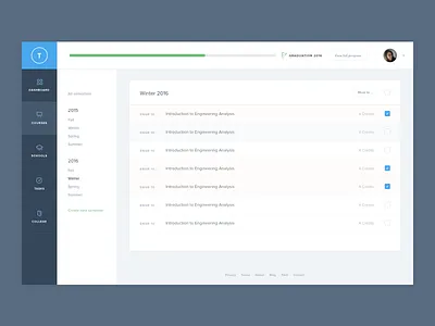 Courses dashboard app college dashboard education list menu nav progress bar table tasks ui web