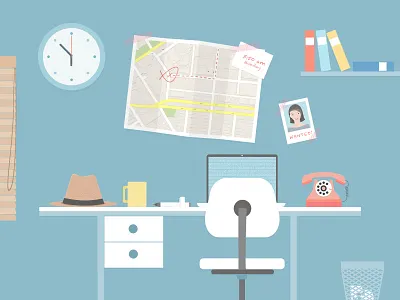 Detective Dick Tracy's Office animation blue chair clock detective flat graphics gif office phone ring table white