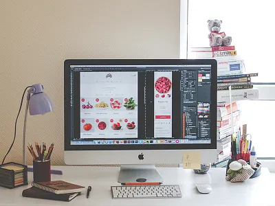 Home workspace books desk desktop imac office panda studio table teddy bear workplace workspace workstation