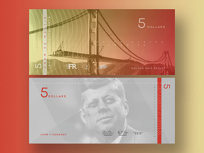 $5 america american bill concept currency golden gate jfk kennedy monetary money redesign san francisco