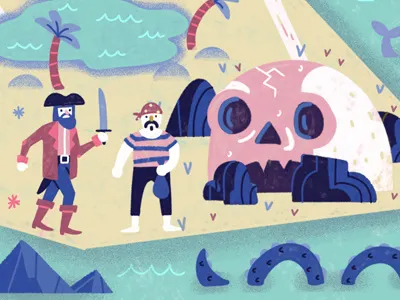 Treasure Island boat character compass drawing hand drawn illustration island lighthouse map pirate skull treasure