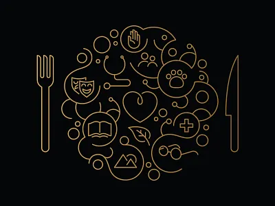 Donor dinner invite illustration book foil stamped fork glasses hand heart illustration knife land leaf paw plate