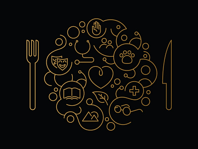 Donor dinner invite illustration book foil stamped fork glasses hand heart illustration knife land leaf paw plate