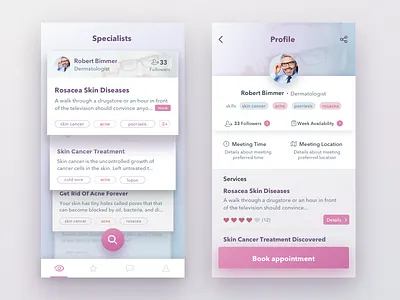 Skin Care Project app app design cards colours ios mobile ui pink ui profiles shadows tags ui user interface