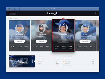 Fantasy Lineup App dark ui dashboard fantasy league app mlb mlb app project ui ui design web app