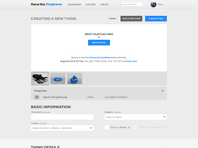 MakerBot Thingiverse: Upload Redesign makerbot thingiverse upload upload file work