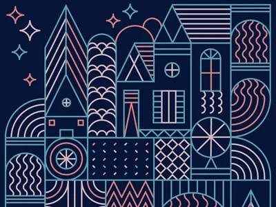 Town Square abstract bridge building doors garden home house pattern river stars town wheel