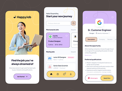 HappyJob: Job Hunting Mobile App app branding design design challenge indonesia elux space eluxdesignchallenge employee employment hunt hunting job job finder job hunt job hunting job vacancy jobless mobile ui ux work