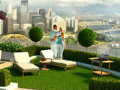 Penthous 3d illustration 3d max grass penthous people