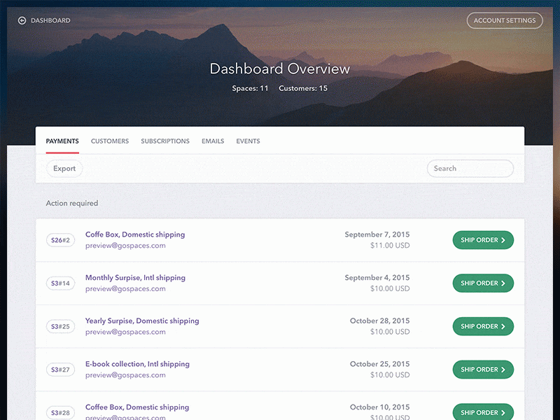 Spaces - Dashboard Refresh account dashboard gif header list order overview table toolbar