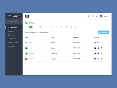 Integrations screen admin app clean dashboard flat icons integrations redesign sidebar ui ux web