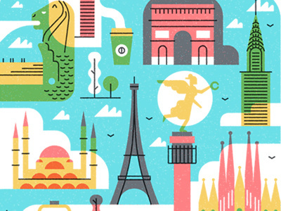 Monocle travel clouds editorial flat icon illustration landmark magazine monocle simple texture travel vector