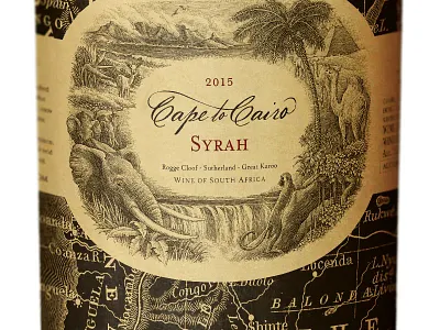Cape to Cairo africa elephant engraving illustration map monkey packaging packaging design simon frouws waterfall wine wine label