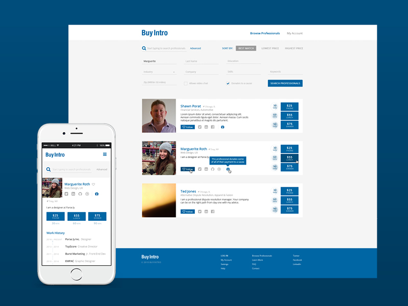 BuyIntro Listing desktop filter footer linkedin listing mobile profile search ui website
