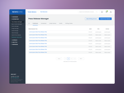 Newswire Dashboard Refresh blue control panel dashboard ui