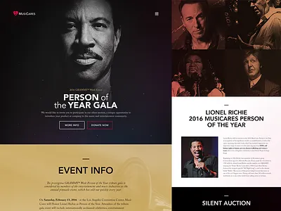 MusiCares 2016 black clean gold landing page layout ui web web design webdesign website