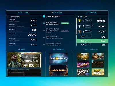 Betable Player Dashboard activity feed dashboard gambling games leaderboard promotions san francisco ui web design