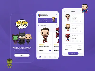 Funko Pop UI 🦸🏻 3d app avengers bag card checkout ecommerce funko funkoshop home item mobile navbar onboarding shopping splash trend trendui ui whiteversion