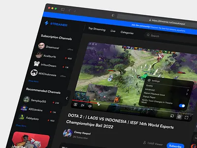 Streamer - Streaming Platform Website broadcasting dashboard game design game gaming landing page live live platform live streaming online streaming player streaming twitch ui uidesign uiux video platform web web design website