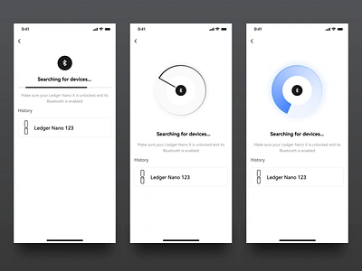 Hardware wallet Bluetooth connection method blue bluetooth connect devices equipment history list lookup matching pair scanning searching ui unlocked