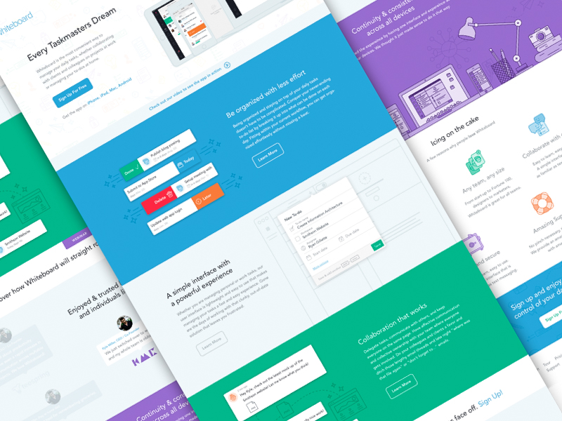 Whiteboard features homepage iconography landing page learn more marketing page responsive design illustration task management website