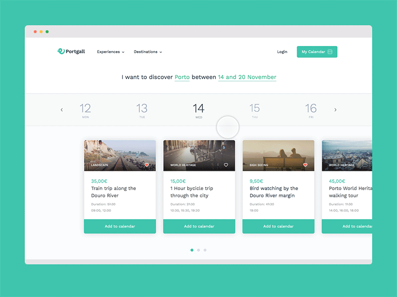 Tourism calendar animation calendar cards experience porto principle search tourism travel ui ux website