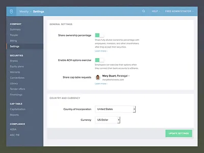 Settings page eshares fintech settings toggle ui ux web
