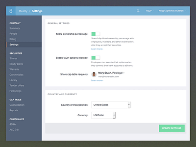 Settings page eshares fintech settings toggle ui ux web