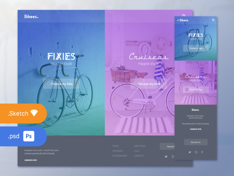 Free .psd + .sketch - "Bikees." bicolor bike cruisers fixies free freebies fullscreen home landing photoshop sketch 3 website