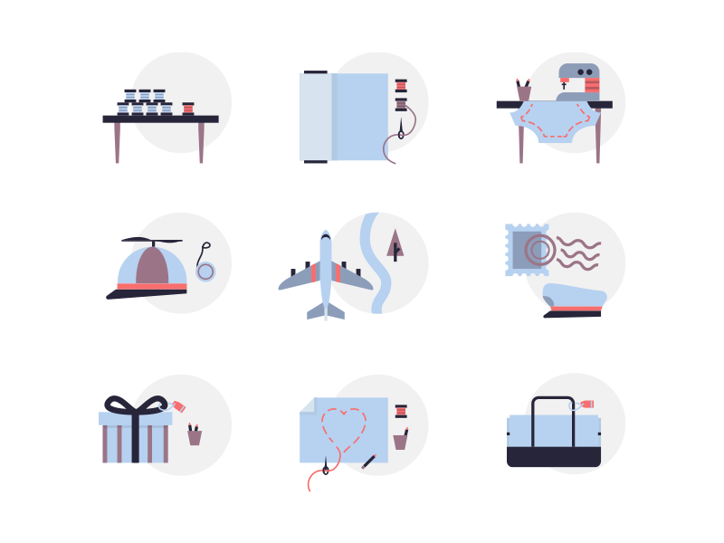 Oliver Cabell Illustrations airplane bag fabric fashion heart illustrations machine present sewing table thread