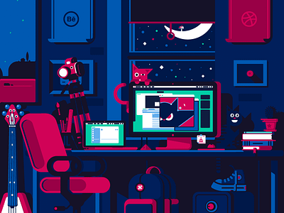 Night Work... camera cats colors flat illustration illustrator interface ios studio ui ux vector