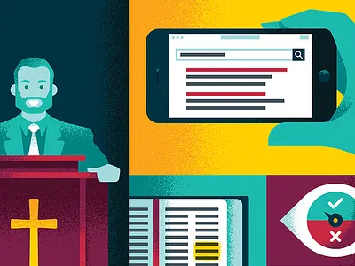 Fact-Checking ben stafford bible church editorial fact checking illustration pastor pulpit smartphone true and false vector textures