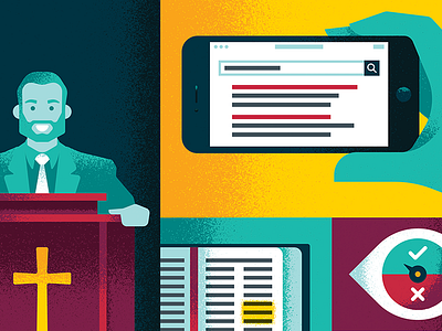 Fact-Checking ben stafford bible church editorial fact checking illustration pastor pulpit smartphone true and false vector textures