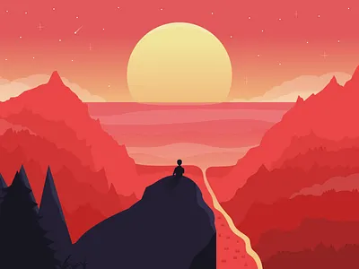 Life is precious illustration mountains panorama playoff sea shadows shopify silhouettes stars sun trees