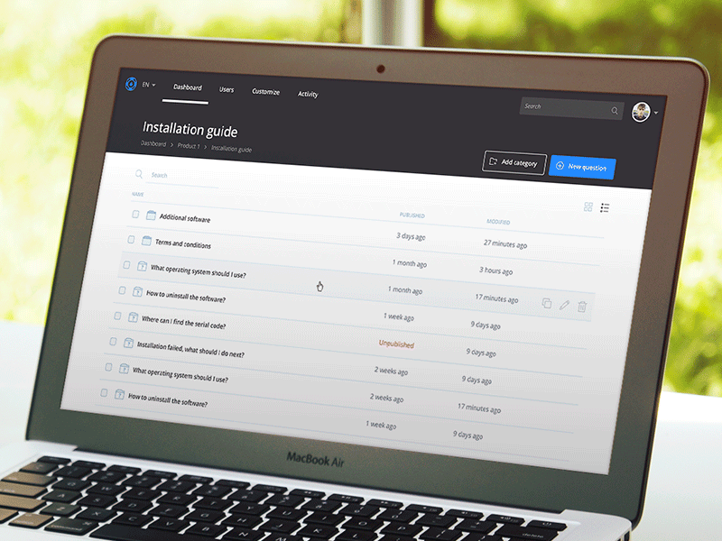 Knowledge base interface dashboard experience grid icons interface list ui user ux