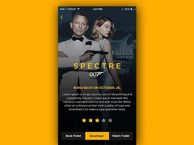 BOND book ticket graphic design interaction ios james bond mobile app design movie presentation ui ux watch trailer